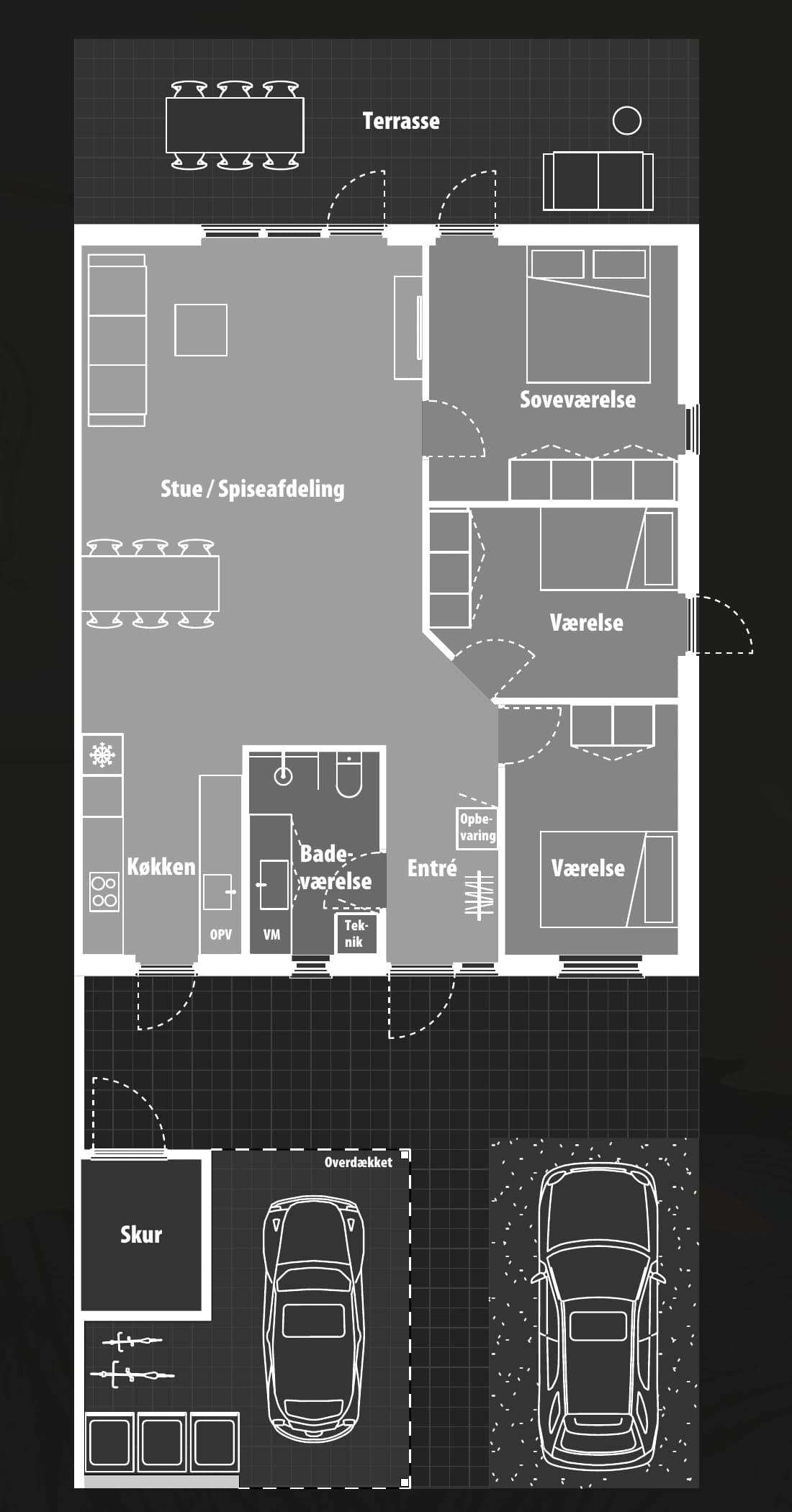 Type E3 – 100 m² med fire værelser. Vejledende plantegning.