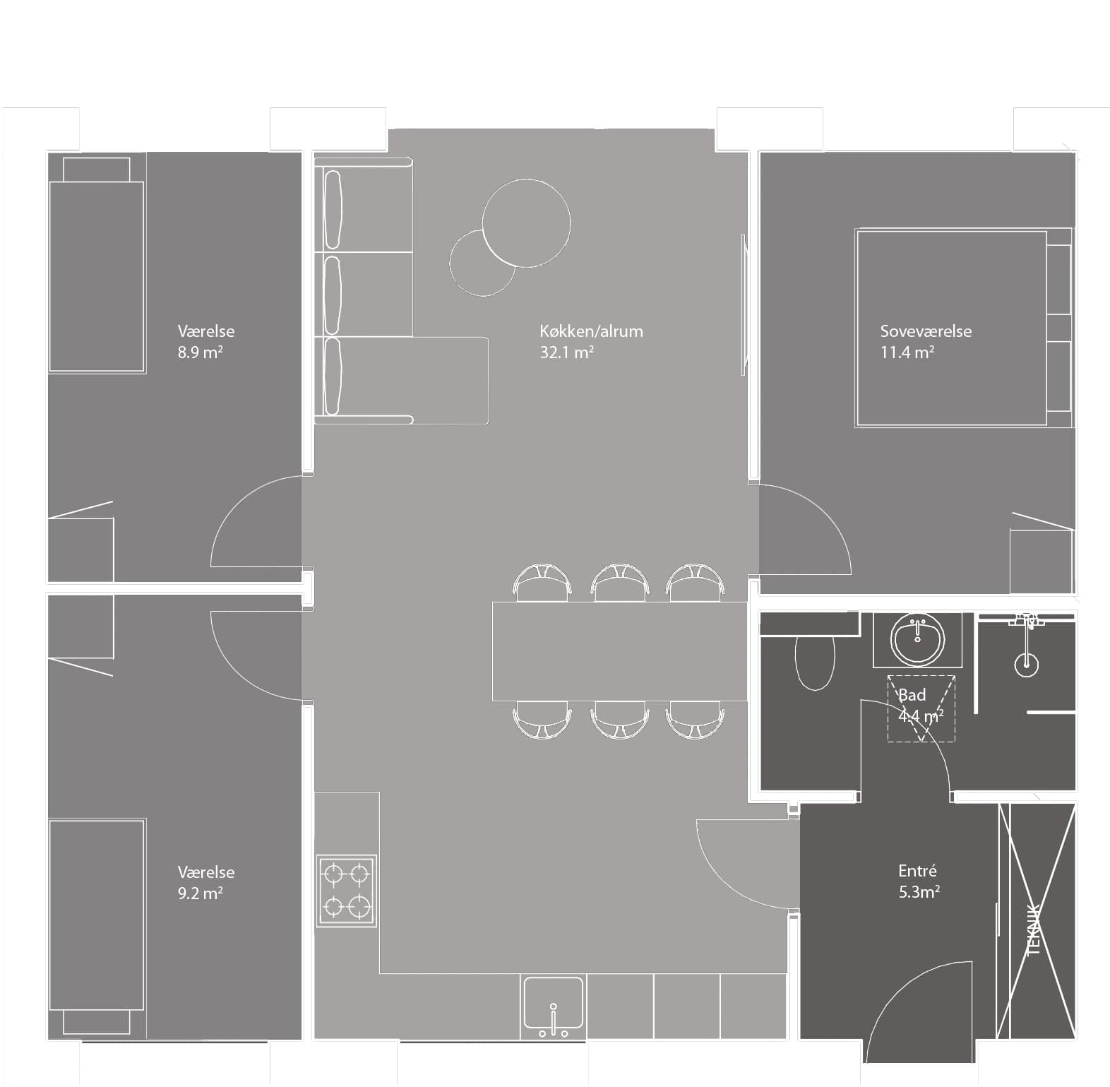 Vejledende plantegning – 85 m² med fire værelser