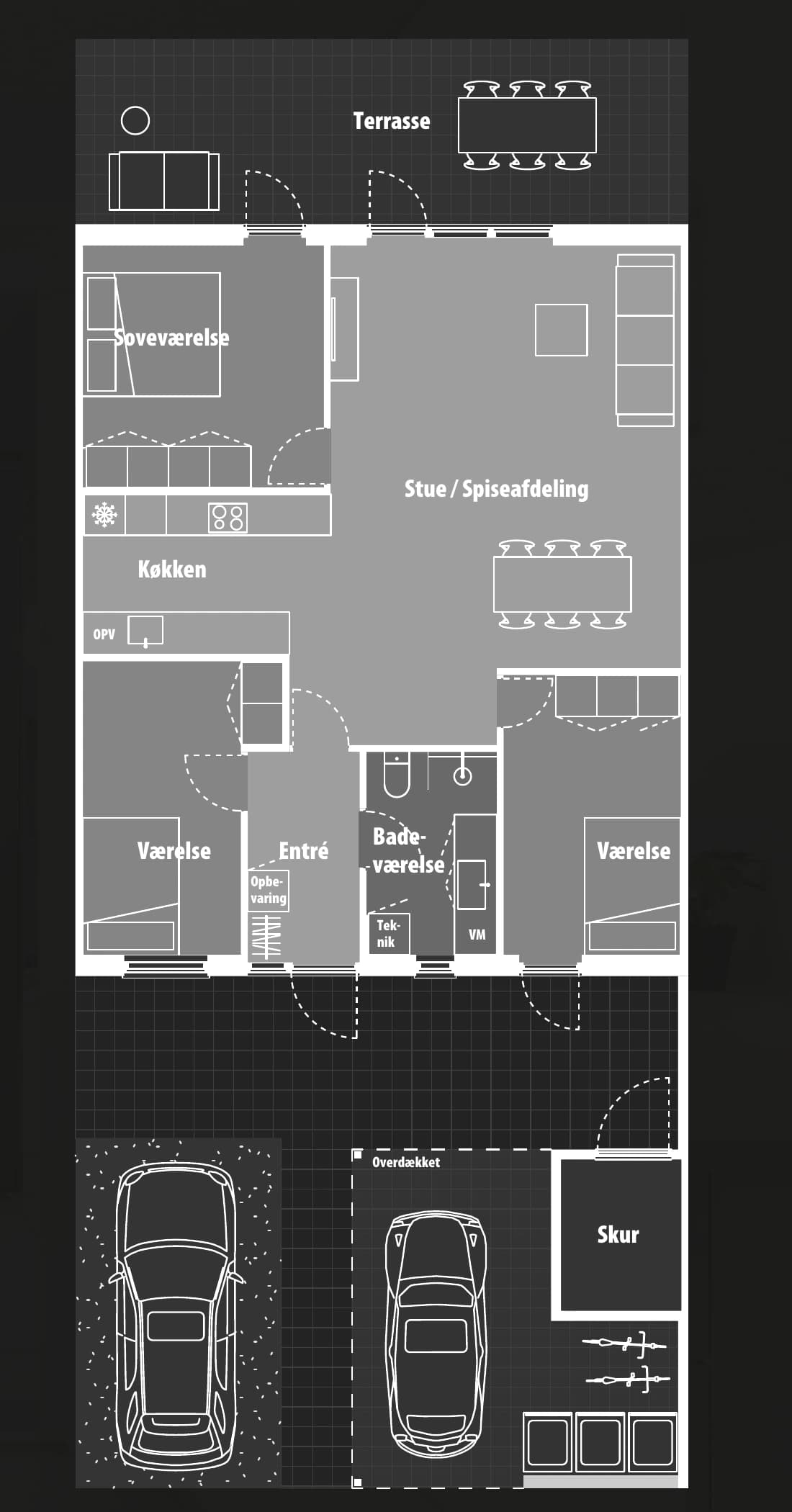 Type E2 – 98 m² med fire værelser. Vejledende plantegning.