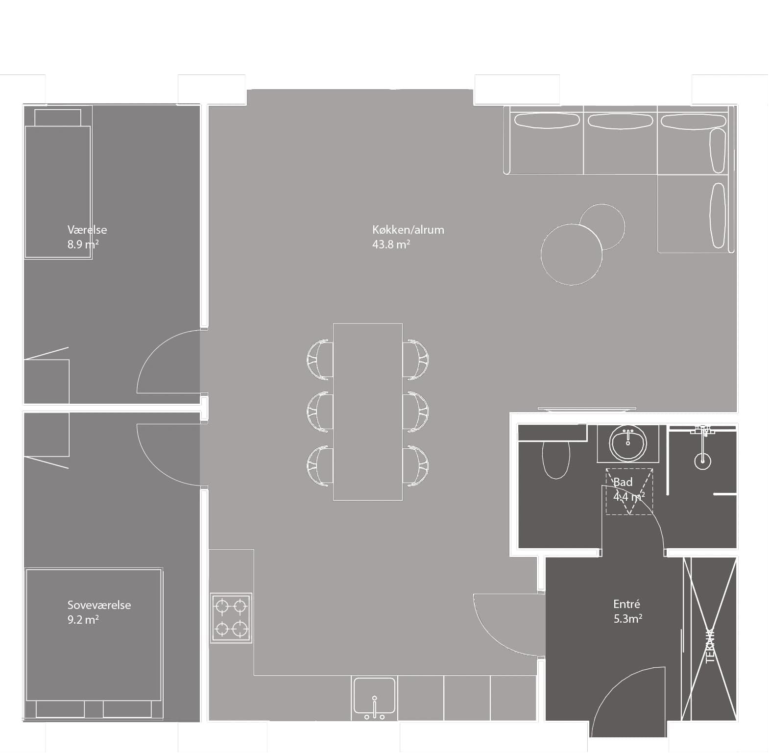 Vejledende plantegning – 85 m² med tre værelser
