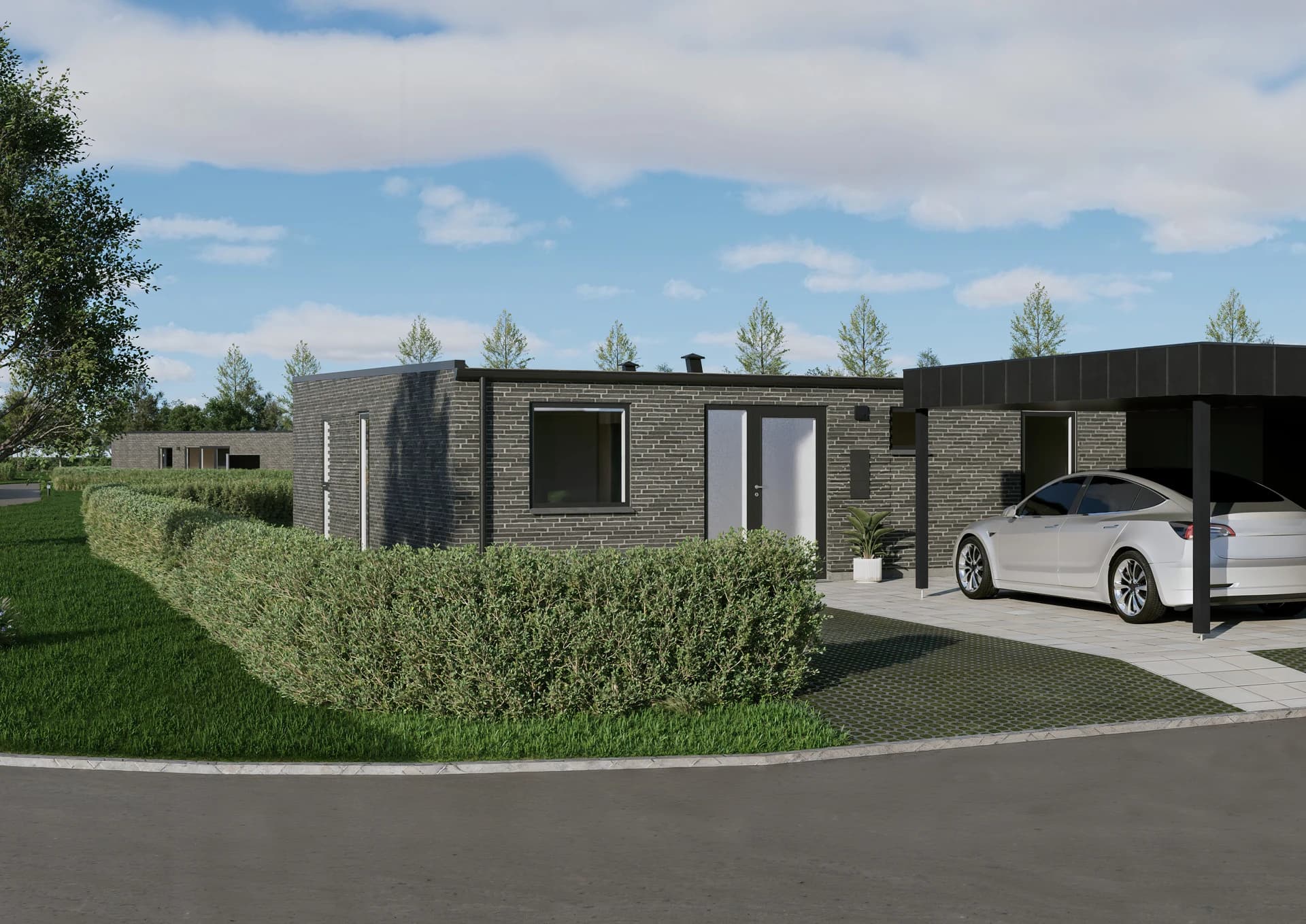 Visualisering af rækkehus med egen carport på Agerløkken