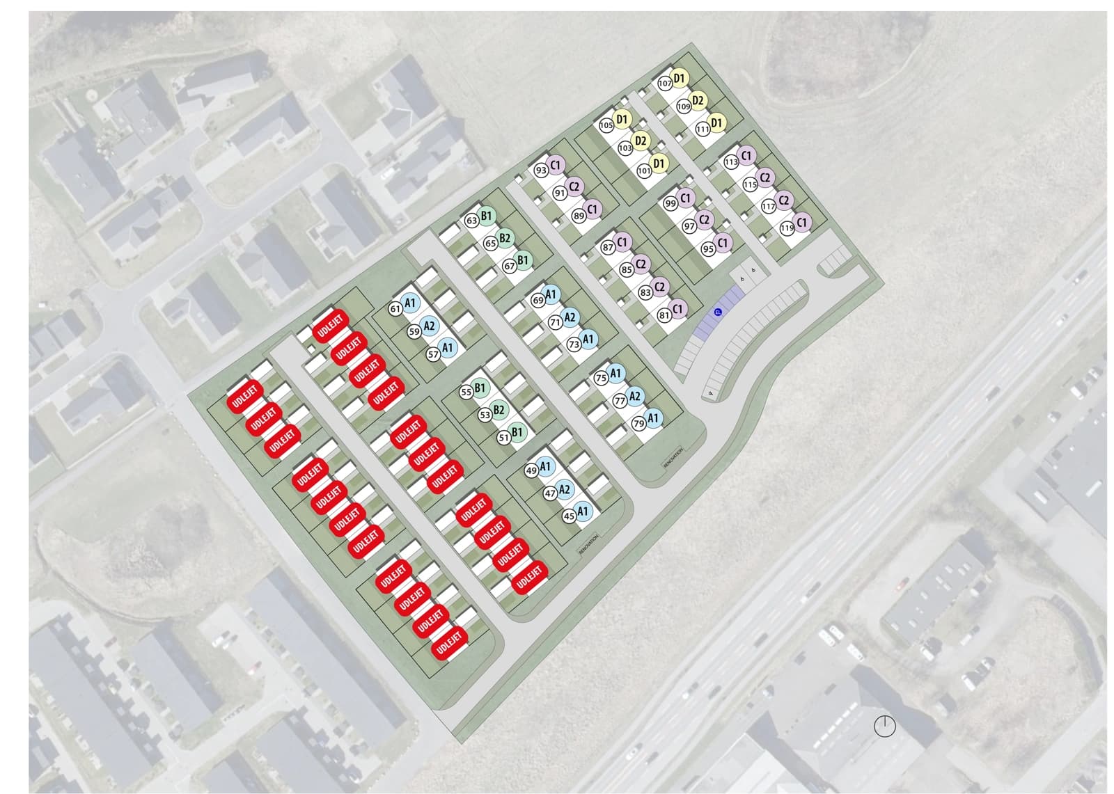 Situationsplan med boliger, haver, veje og fællesarealer