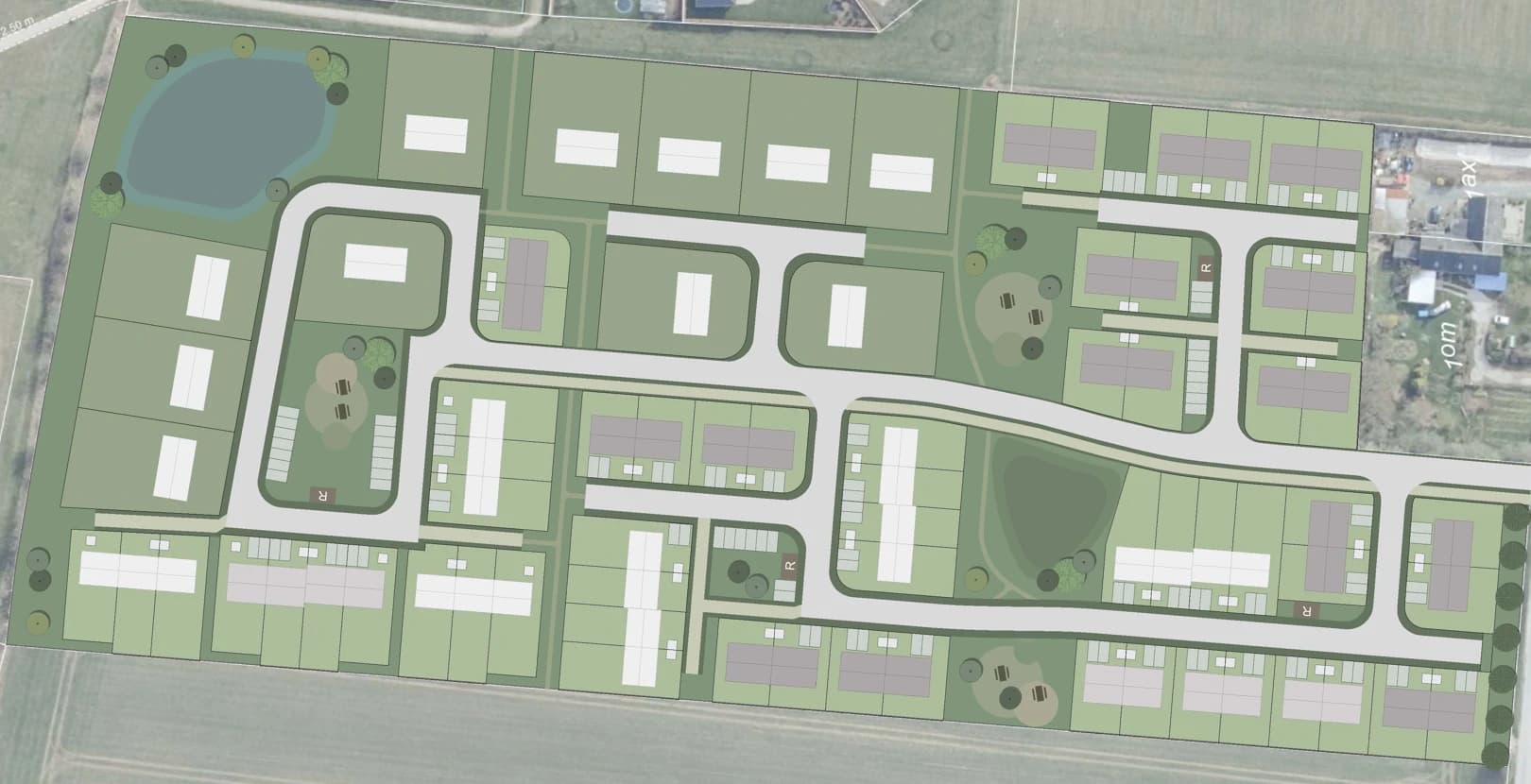 Situationsplan med boliger, haver, veje og fællesarealer